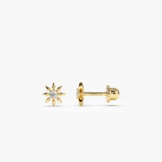 "Diamond Piercing / Helix Piercing / 14k Gold Star Design Diamond Stud Piercing by Ferko's Fine Jewelry Item Details * Made to Order * Gold Kt: 14K * Available Gold Color: Rose Gold, Yellow Gold, White Gold * Length & Width: 5.7 X 5.7 MM * Length of Bar: 6.5 MM * Round Diamonds: 2 pcs 2MM x 1.5(pair) * Total CTW: 0.07 ctw (pair) * Diamond Color-Clarity: G Color SI Clarity Be sure to hit \"favorite\" on the right so it remains in your favorites list and/ or add to your wishlist(s). ▶ Want to find Diamond Piercing, Stud Piercing, Diamond Evil Eye, Gold Armband, Earring Gold, Helix Piercing, Ruby Jewelry, Star Design, Emerald Jewelry