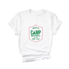 Custom Camp Shield Shirt - Sprinkled With Pink #bachelorette #custom #gifts Themed Bachelorette Party, Bachelorette Party Themes, Bridal Party Shirts, White Crewneck, Comfy Shirts, Bachelorette Party Shirts, Get The Party Started, Custom Branding, Party Shirts