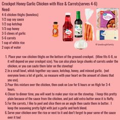 a recipe for chicken with rice and carrots on a pink background, which includes instructions