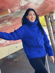 Loose fit women Pullover, Beautiful Wool Sweater for casual winter days, Warm and Cosy Turtleneck 100% hand knit 100% luxury Sweater  100% pure wool Some clothes have soul ! ❤️ This lovely and warm sweater is hand knitted by 100% pure wool yarn 🧶  The yarn is the best quality - soft, warm and lux. The sweater is made by 2 strands of wool, very thick and warm. If you want to feel soft, warm and cosy you are at the right place. We use organic and luxury yarn to made this beautiful item for you. O Hand Knitted Sweater For Winter, Blue Cozy Knitting Pattern For Fall, Casual Long Sleeve Knitting Pattern For Cold Weather, Cozy Blue Knitting Pattern For Fall, Hand Knitted Winter Sweater For Cold Weather, Blue Fall Knitting Pattern, Fall Blue Knitting Pattern, Casual Blue Knitted Sweater, Casual Turtleneck Knitting Pattern For Winter