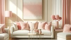 a living room filled with white couches and pink pillows on top of each other