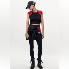 Ford Mustango Embroidered Ribbed Top Sleeveless Crop Top With Round Neckline. Contrast Ford Mustango Embroidered Details. Red / Black Zara Black Fitted Vest, Ribbed Top, Sleeveless Crop Top, Zara Tops, Round Neckline, Zara, Black And Red, Ford, Crop Tops