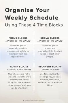 a poster with the words organize your weekly schedule using these 4 time blocks