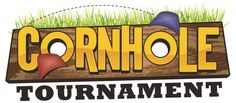 the cornhole tournament logo is shown in yellow and blue, with green grass on top