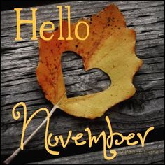 a leaf with the word hello november written on it and an image of a heart