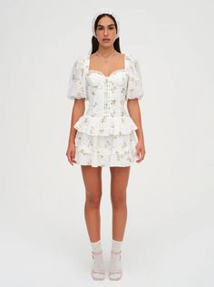 Kinsley Mini Dress — White | For Love & Lemons Feminine Mini Corset Dress For Spring, Spring Feminine Mini Corset Dress, White Puff Sleeve Corset Dress For Summer, Spring Feminine Corset Dress With Sweetheart Neckline, Spring Chic Puff Sleeve Corset Dress, Feminine Spring Corset Dress With Fitted Bodice, Feminine Spring Corset Dress For Brunch, Spring Fitted Corset Dress With Puff Sleeves, Spring Brunch Corset Dress With Sweetheart Neckline