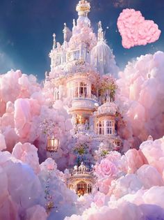 a castle in the clouds with pink flowers on it's sides and a heart shaped balloon floating above