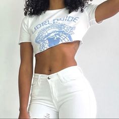 Worldwide Cropped Tee. Nwt. Size Medium. Has Stretch. I’m Selling It Because It Fits Me Big. And They Didn’t Have My Size. Other Than That I Woulda Kept It. I Love This Shirt! White Fitted Crop Top For Streetwear, Fitted White Crop Top For Streetwear, White Stretch Trendy Tops, Stretch White Crop Top With Graphic Print, White Graphic Print Stretch Crop Top, White Cotton Crop Top With Letter Print, White Y2k Short Sleeve Crop Top, White Short Sleeve Y2k Crop Top, White Crop Top For Streetwear