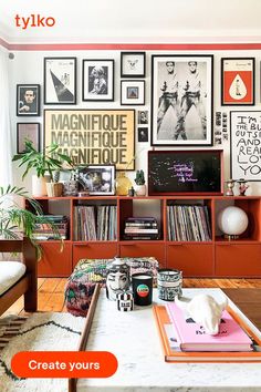 a living room filled with lots of furniture and pictures on the wall above it's bookshelf