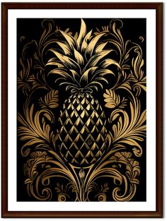 a gold pineapple on black with swirls and leaves in the center, framed art print