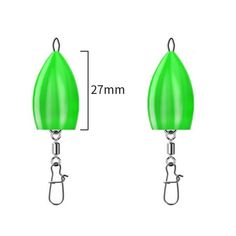 two green earrings hanging from hooks on a white background, with measurements for each pair