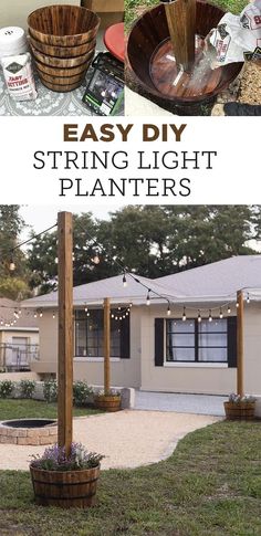 an easy diy string light planter made out of wood and some other items