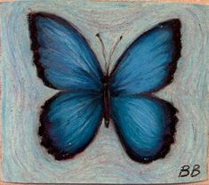 a painting of a blue butterfly on a white background