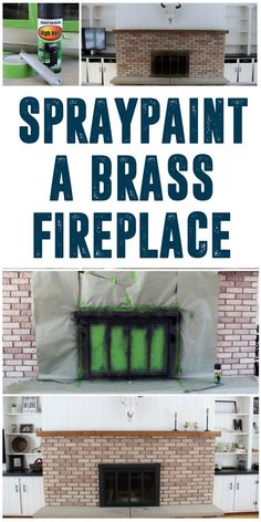 the instructions for how to spray paint a brick fireplace with green paint and white cabinets