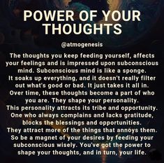 the power of your thoughts is shown in an image with words above it and below it