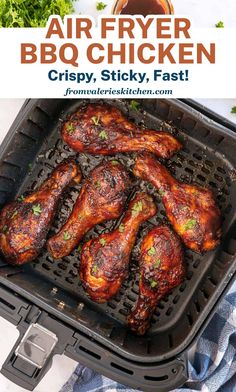 air fryer bbq chicken on a grill with text overlay that reads crispy, sticky, fast