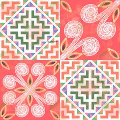 four different colored designs on red and green fabric, each with an intricate design in the center