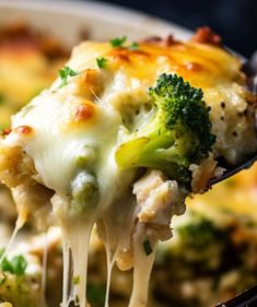 a spoon full of broccoli and cheese casserole