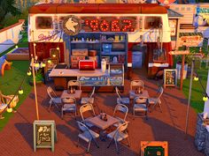 an animated image of a food truck with many tables and chairs around the outside seating area