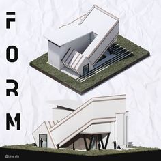 an architectural rendering of a building with grass on the roof and stairs leading up to it