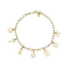 Pure 14k yellow gold multi-charm chain bracelet features a happy face, a palm tree, a pineapple, a daisy, a cherry, a monstera leaf and a butterfly. Fine 14k yellow gold belcher is 7" in total length. Yellow Gold Charm Bracelet With Dangle Shape, Symbolic Yellow Gold Bracelets With Charms, Symbolic Yellow Gold Bracelet With Charms, Yellow Gold Charms Bracelet For Good Luck, Yellow Gold Good Luck Charms Bracelets, Yellow Gold Charm Bracelet, Diamond Evil Eye Bracelet, Hamsa Bracelet, Diamond Evil Eye