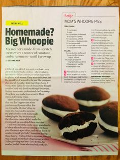 a newspaper article about homemade big whoopie cookies on a plate with chocolate frosting and marshmallows