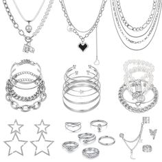 PRICES MAY VARY. 💗SILVER JEWELRY FOR WOMEN: This is an affordable value jewelry set. Includes love Pendant necklace, pearl necklace, silver chain necklace, pearl bracelet, adjustable open cuff bracelet, shiny big star earrings, butterfly ear clips, size 7-8 knuckle rings, etc. 💗QUALITY MATERIALS: Made of high quality alloy, 14K silver plated to ensure a long without faded, that is nickel free, lead free, and hypoallergenic, safe to use. 💗EASY TO MATCH: This set comes in a variety of styles an Anniversary Gift For Friends, Vacation Jewelry, Chunky Chain Necklaces, Gold Jewelry Sets, Packing Jewelry, Ear Cuff Earings, Women's Jewelry Sets, Estilo Punk, Silver Jewellery Sets