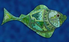 a mosaic fish on a blue background