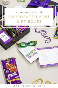 the corporate gift box is filled with mardi gras items