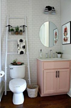 a white toilet sitting under a bathroom mirror next to a sink and a shelf filled with potted plants