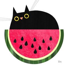 a watermelon slice with a black cat sitting on it's face and eyes