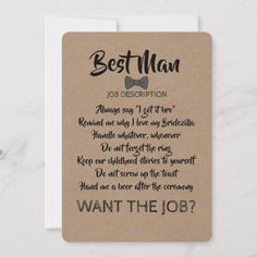 a card with the words best man on it and an image of a bow tie