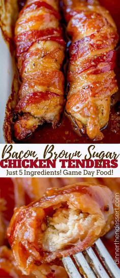 The perfect treat for your game day parties! Brown Sugar Bacon Chicken Tenders! Bacon Brown Sugar Chicken, Chicken Tenders Dinner, Brown Sugar Chicken, Brown Sugar Bacon, Bacon Chicken, Think Food, Football Food, Bacon Recipes, Chicken Bacon