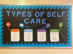 a bulletin board with the words types of self care written on it in different languages