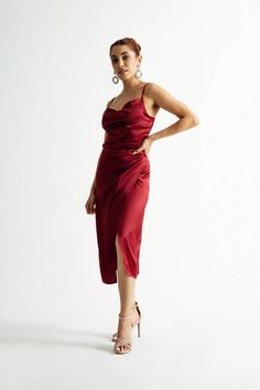 Burgundy Wrap Front Dress - Slip Dress With Slit - Satin Slip Dress Midi Red Dress, Cowl Neck Midi Dress, Head Turning Dress, Satin Bustier, Burgundy Midi Dress, Corset Midi Dress, Wrap Front Dress, Ruffle Midi Dress, Red Cocktail Dress