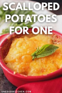 a red bowl filled with baked potato casserole