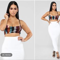 Nwot Fashion Nova “It’s My Party” Crop Top! Size Xl. Beautiful Multi-Color Stripe Sequin. Cropped. Lined. Zipper Detail In Back. Never Worn. Tags Removed, But Didn’t End Up Wearing. Perfect For A Date Or Party! Pair With A Pencil Or Maxi Skirt Or Cute Jeans! 100% Polyester Fast Shipping! (Pet-Free/Smoke-Free Home) Glamorous White Top For Night Out, White Sequined Tops For Night Out, White Party Tops, Party Crop Tops, Cute Jeans, A Pencil, Zipper Detail, Color Stripes, Black Silver