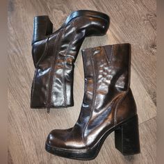 Vintage Condition With Minor Flaws As Seen In Pics! So Cute And Retro Y2k Platform Chunky Heeled Boots With A Square Toe Chunky Heeled Boots, Shoes Vintage, Lower East Side, Cute Fall Outfits, East Side, Vintage Shoes, Heeled Boots, So Cute, Black And Brown