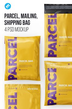 three packs of parcel mail bags with purple lettering