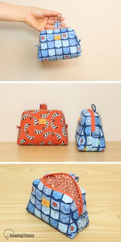 three different purses sitting on top of a wooden table, one with an orange and blue design