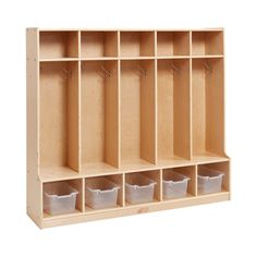 a large wooden shelf with six compartments