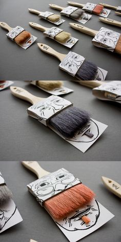 several pictures of different brushes and their packagings on a table with some tags attached to them