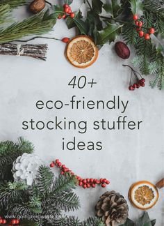 the words 40 + eco - friendly stocking stuff for christmas are surrounded by evergreen, oranges and pine cones