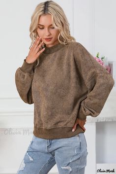 Olivia Mark - Classic Brown Drop Shoulder Crew Neck Pullover Sweatshirt High Clothes, Lisa Fischer, Shift Pattern, Boutique Tops, Shoulder Design, Sweaters Oversized, Global Fashion, Vintage Chic, Cotton Style