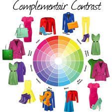 the color wheel is full of different colored clothes and shoes, with text that reads complementary contrast