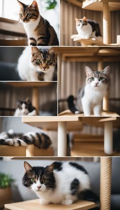 several different pictures of cats sitting on top of a cat tree