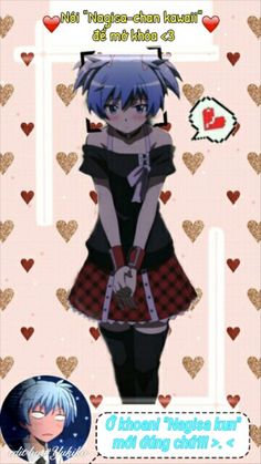 an anime character with blue hair and black dress, standing in front of heart shaped background