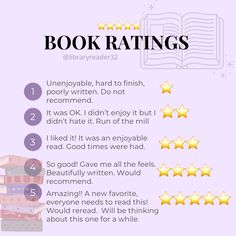 the book ratings page with five stars on it and four books stacked up in front of them