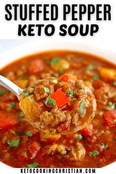 a spoon full of stuffed pepper keto soup