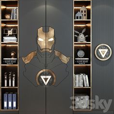 an image of a door that is decorated with iron man symbols and bookshelves